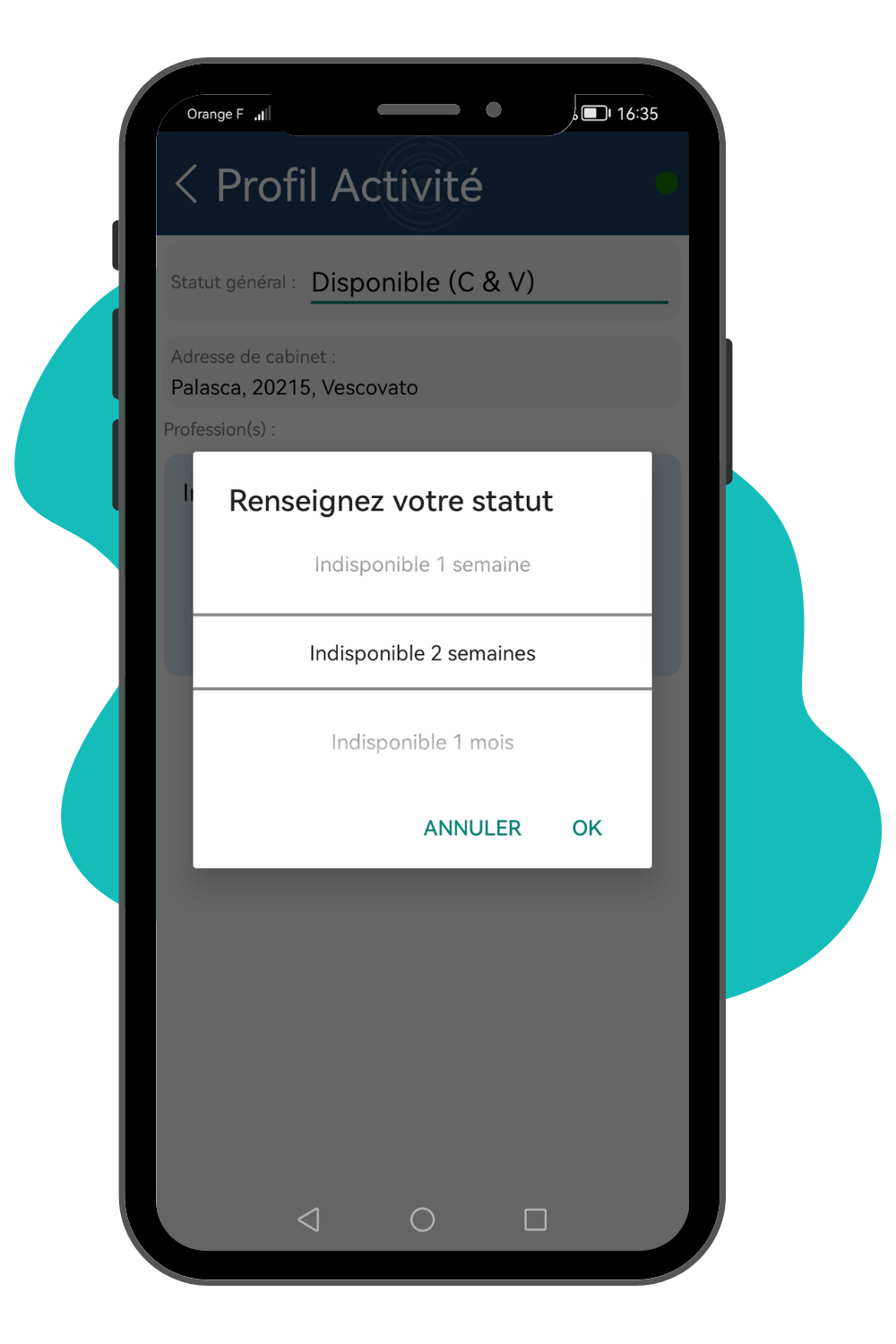Screen du bouton statut indispo de l'app mobile Entr'Actes